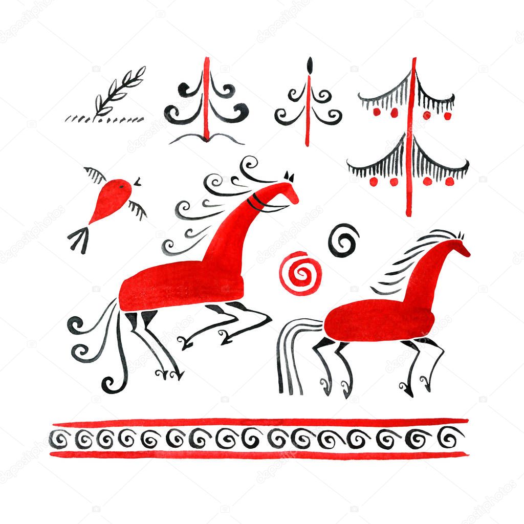Watercolor illustration of a traditional painting with deer Mezen. Horses set