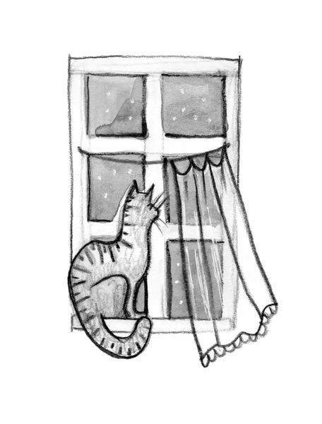 Чорно-біла рука малює ілюстрацію - кіт у вікні — стокове фото