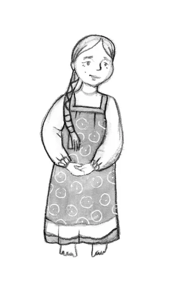 Kleines Mädchen in traditioneller russischer Kleidung. Schwarz-Weiß-Illustration — Stockfoto