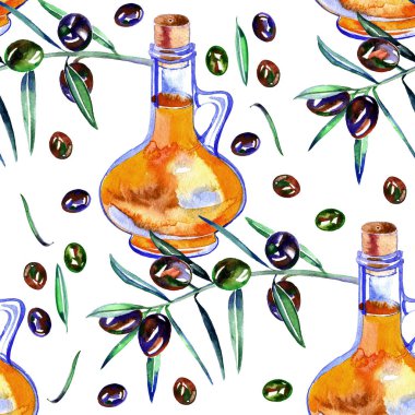 Sulu Boya Dikişsiz desen beyaz üzerine siyah ve yeşil zeytin ile. Arka plan tasarımı için zeytin yağı, doğal kozmetik