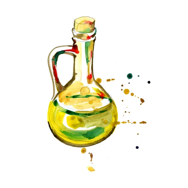 Acuarela dibujada a mano ilustración de aceite de oliva. Botella de dibujo aislada sobre fondo blanco — Foto de Stock