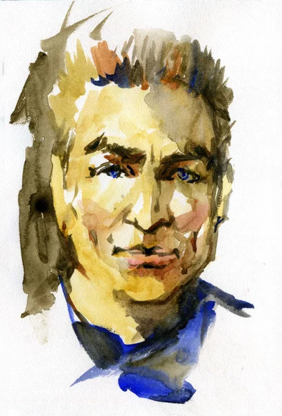 젊은 남자의 수채화 초상화입니다. 흰색 바탕에 그려진된 얼굴을 손. 그림 그림 — 스톡 사진