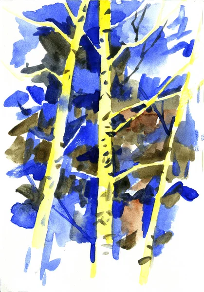 Erdő nyír fák akvarell ecset kézzel rajzolt ábra — Stock Fotó