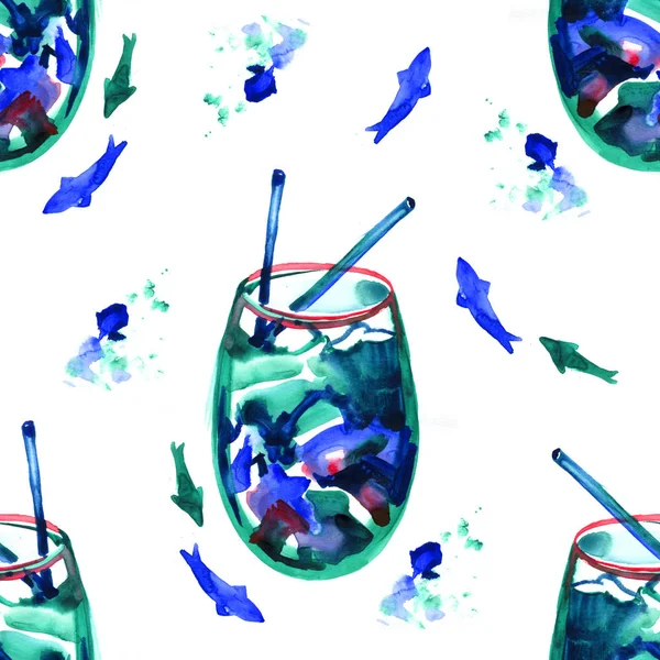 Blue lagoon cocktail. Watercolor seamless pattern on white background — Stock Photo, Image