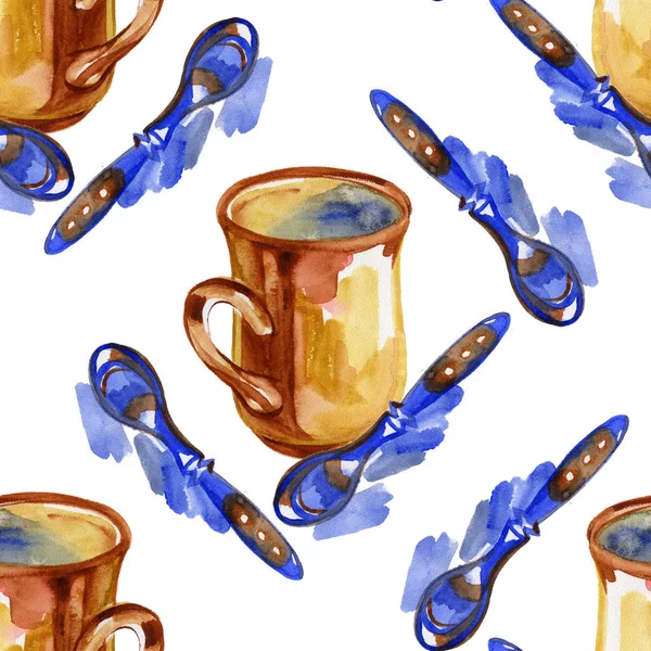 Taza de té acuarela y cuchara patrón sin costuras. Diseño de papel de embalaje dibujado a mano . — Foto de Stock
