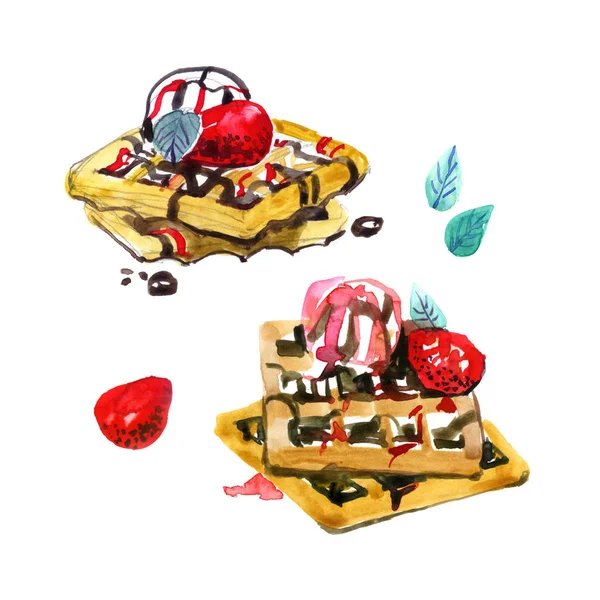 Los gofres belgas con hojas de menta, fresas y bolas de helado se vierten con jarabe de fresa y chocolate. Dibujo manual. Dulce ilustración con acuarela . — Foto de Stock