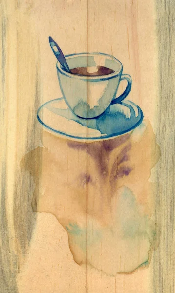 Tazza bianca di caffè su uno sfondo di legno. Illustrazione — Foto Stock