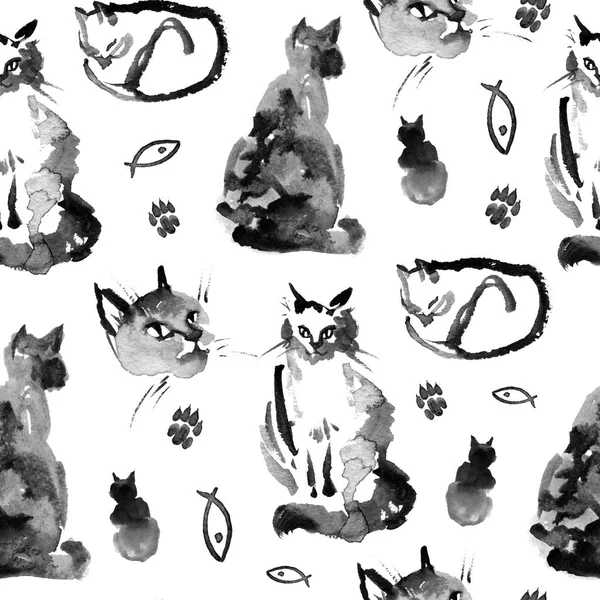 Wet to wet watercolor seamless pattern of the fluffy siberian cat on white background. Collection of cute cat in different pose — Stock Photo, Image