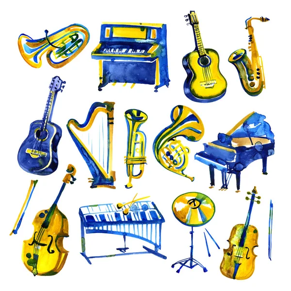 水彩的乐器组。各种各样的乐器，比如钢琴、 萨克斯管、 小号、 鼓和其他人. — 图库照片
