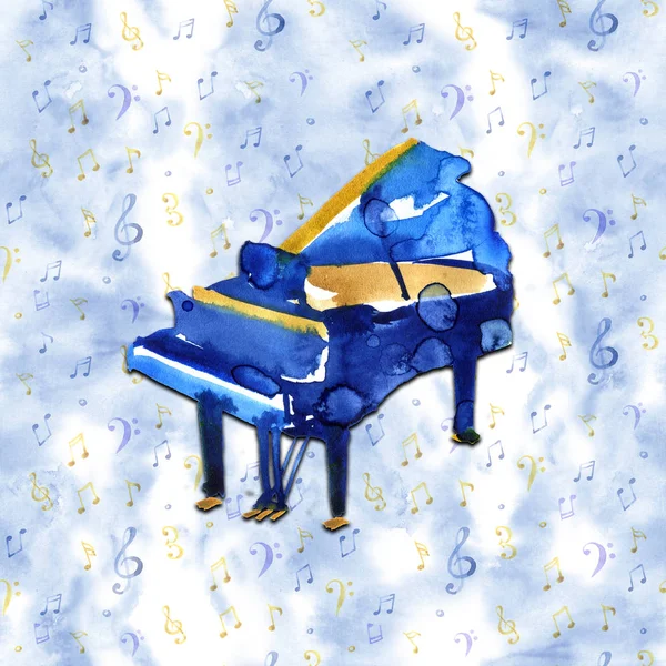 Piano. Instruments de musique. Isolé sur fond bleu. Illustration aquarelle — Photo