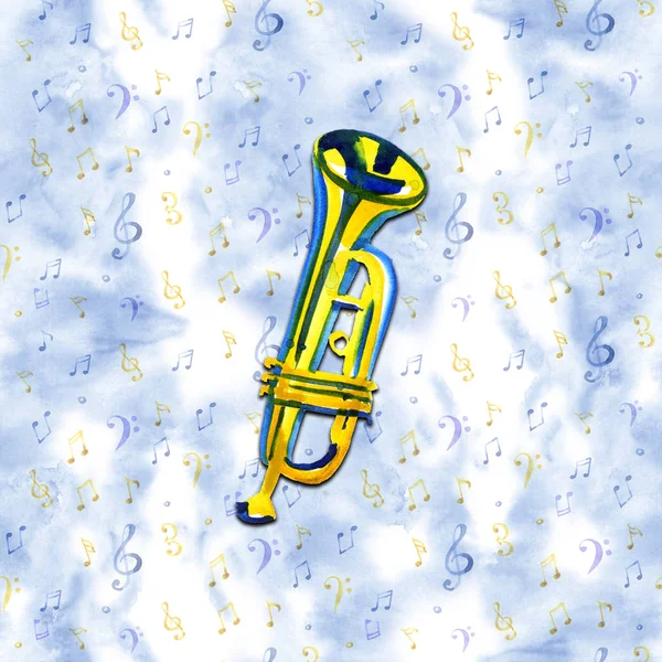 Trompeta de banda de latón de cobre acuarela en azul — Foto de Stock