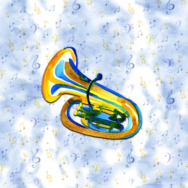 Aquarel koperen brass band tuba op blauwe patroon — Stockfoto