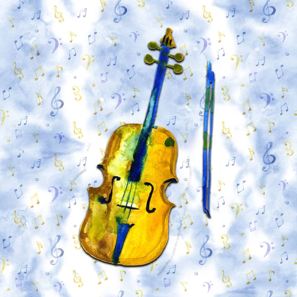Акварельный скетч иллюстрация скрипки. Виолончель на голубом фоне — стоковое фото