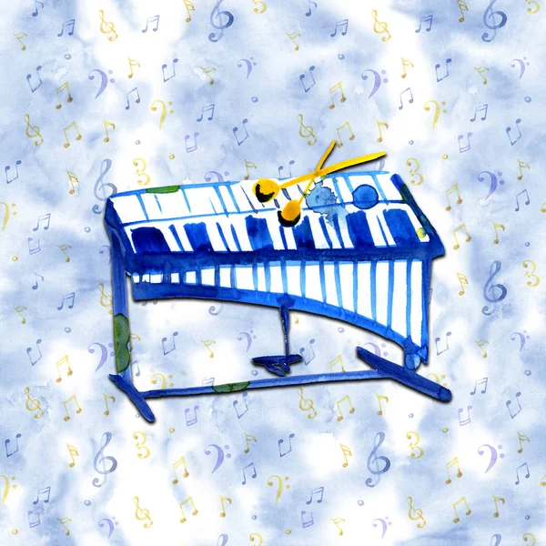 Esboço aquarela de xilofone no padrão azul — Fotografia de Stock