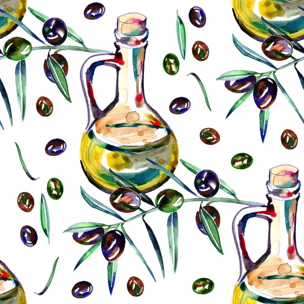 Watercolor seamless pattern with black and green olives on white. Background design for olive oil