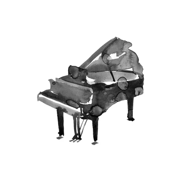 Pianot. Musikinstrument. Isolerad svart på vit bakgrund. Akvarell illustration — Stockfoto