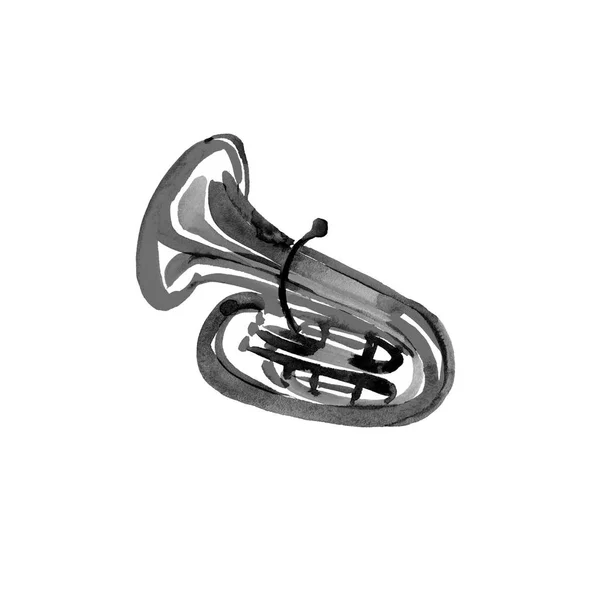 Watercolor copper brass band tuba. Black on white background — Stock Photo, Image