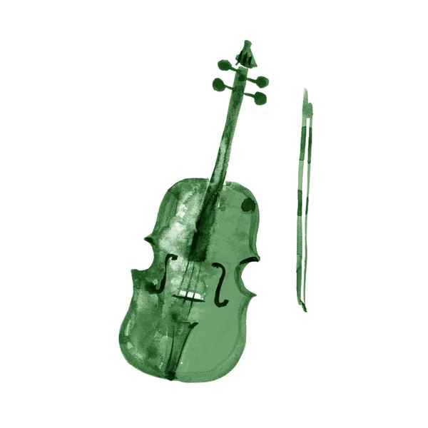 Acuarela esbozo ilustración de un violín. Verde violonchelo —  Fotos de Stock