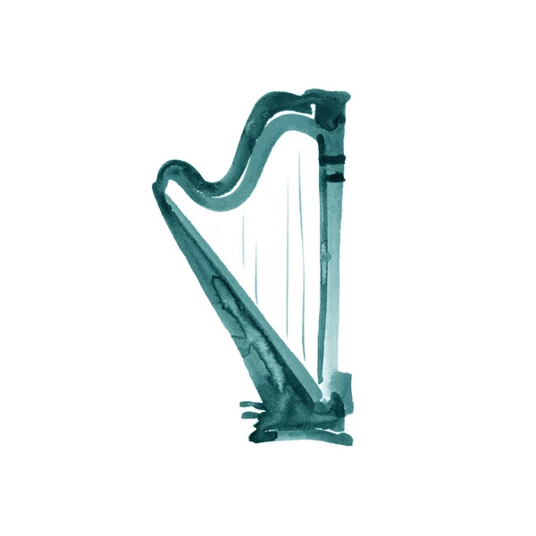 Arpa turquesa. Ilustración en acuarela. Dibujado a mano de instrumento de música clásica —  Fotos de Stock