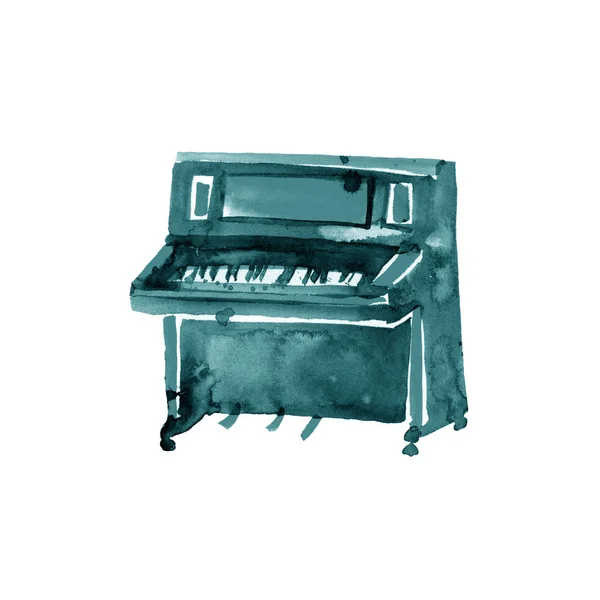 Piano. Alat musik. Turquoise terisolasi pada latar belakang putih. Ilustrasi warna air — Stok Foto