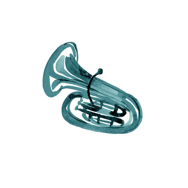Aquarell Kupfer Messingband Tuba türkis auf weißem Hintergrund — Stockfoto