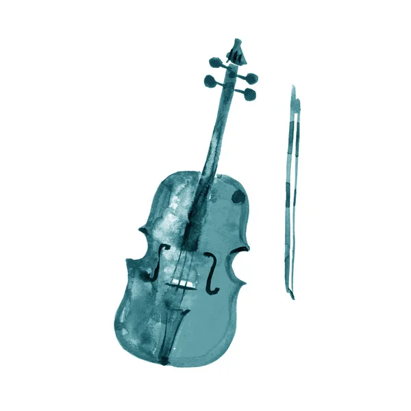 Aquarell skizzierte Illustration einer türkisfarbenen Geige. Violoncello — Stockfoto