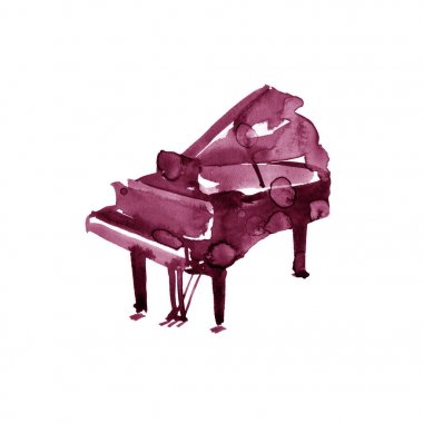 Piyano. Müzik aletleri. Beyaz arka plan üzerinde izole. Sulu boya resim. Kestane rengi, burgundy, Bordo, şarap gibi mor