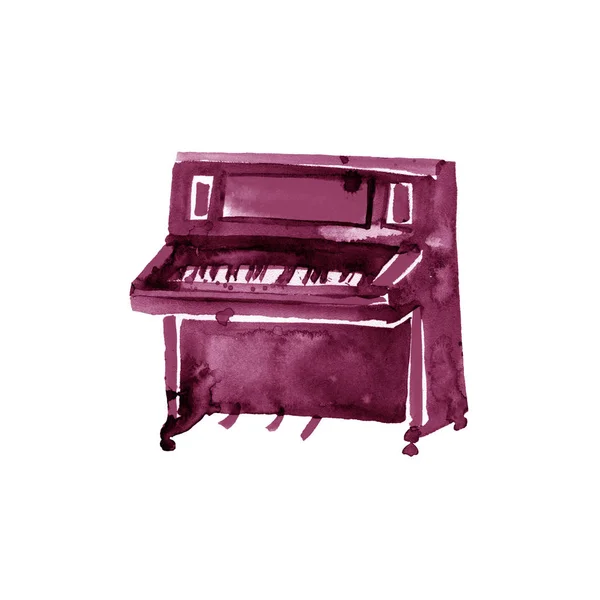 Piano. Musical instruments. Isolated on white background. Watercolor illustration. Maroon, burgundy, claret, vinous, purple — Stock Photo, Image