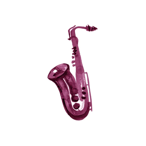 Saxophone à ruban en cuivre aquarelle sur fond blanc. Marron, bordeaux, claret, vineux, violet — Photo