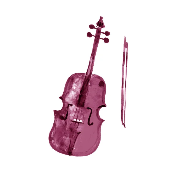 Akvarell vázlat szemlélteti a hegedű. Cselló. Barna, bordó, claret, borból, lila — Stock Fotó