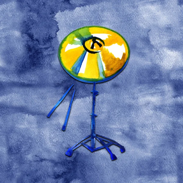 Музыкальный инструмент. Акварель Золотой Кимбал. Изолированный на синем фоне — стоковое фото
