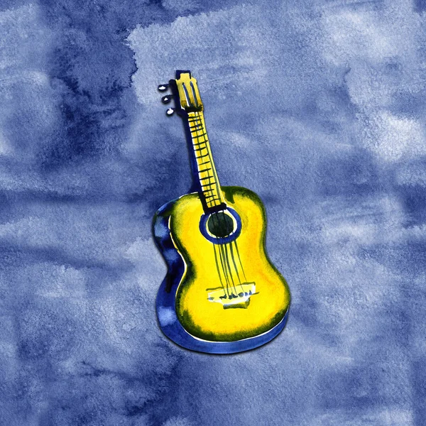 Guitarra acústica aquarela ilustração sobre fundo azul — Fotografia de Stock