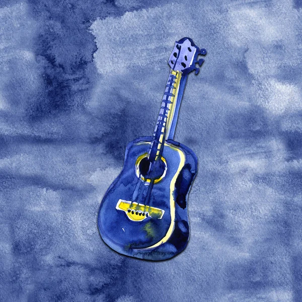Guitarra acústica aquarela ilustração sobre fundo azul — Fotografia de Stock