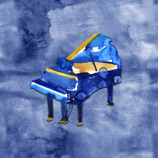 Piano. Musical instruments. Isolated on blue background. Watercolor illustration — Stock Photo, Image