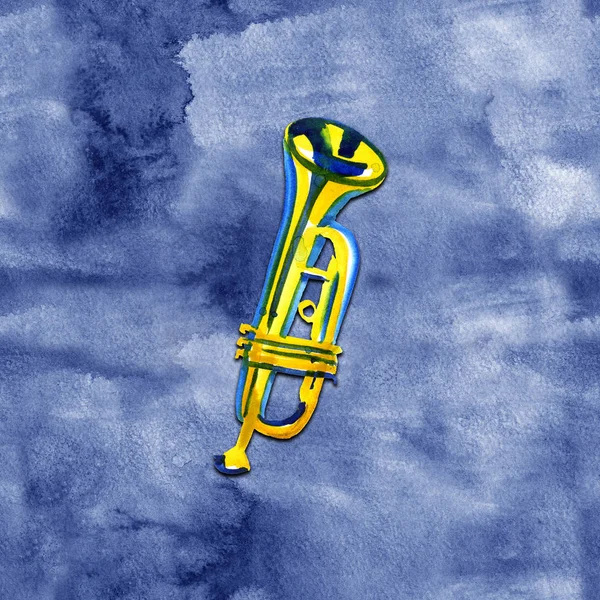 Trompete de banda de cobre aquarela no fundo azul — Fotografia de Stock