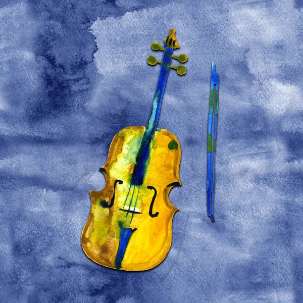 水彩画素描插图小提琴。蓝色背景大提琴 — 图库照片