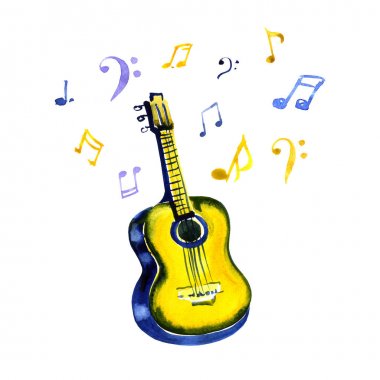 Sulu Boya konturları ve beyaz arka planda müzik notaları ile akustik gitar