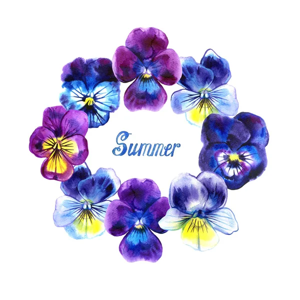 Moldura redonda pansies aquarela com letras de verão no fundo branco — Fotografia de Stock