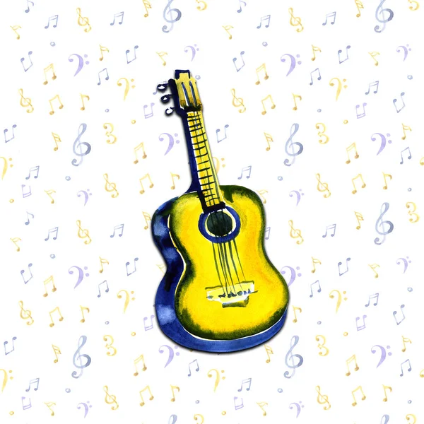 Akusztikus gitár akvarell illusztráció a jegyzetek háttér — Stock Fotó