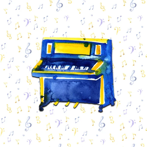 Piano. Musical instruments. Isolated on notes background. Watercolor illustration