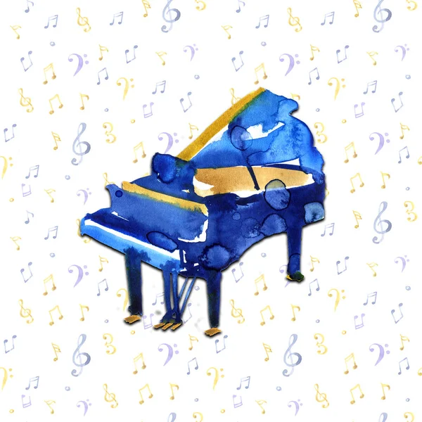 Piano. Instrumentos musicales. Aislado sobre fondo de notas. Ilustración en acuarela —  Fotos de Stock