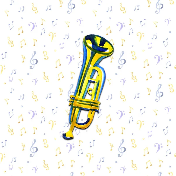 Trompete de banda de cobre aquarela no fundo nota — Fotografia de Stock