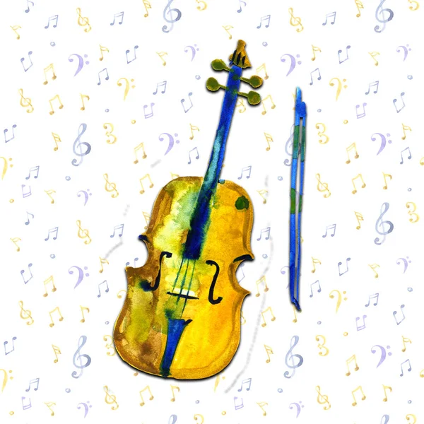 Acquerello schizzo illustrazione di un violino. Violoncello su sfondo note — Foto Stock