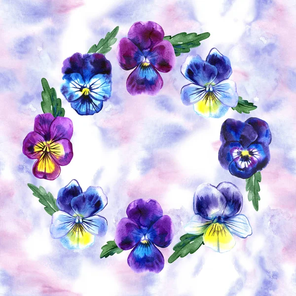 Modello senza soluzione di continuità con Acquerello Viola Fiori Pansy e foglie su sfondo blu. Illustrazione acquerello botanico — Foto Stock