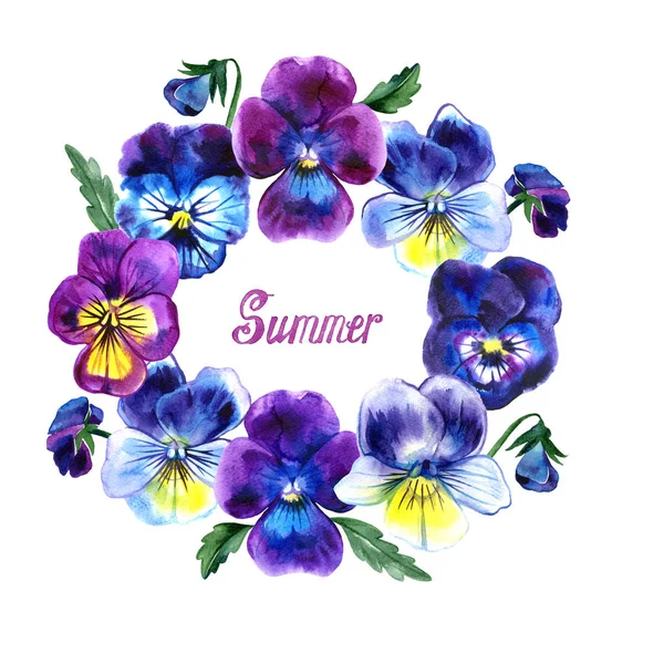 Rundrahmen Stiefmütterchen Aquarell mit Sommerschrift auf weißem Hintergrund — Stockfoto