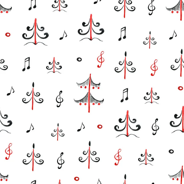 Composition with music note symbols and pine firs forest