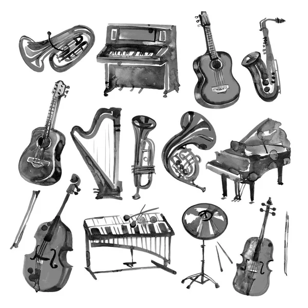 Conjunto de mão desenhar instrumentos musicais aquarela preta — Fotografia de Stock