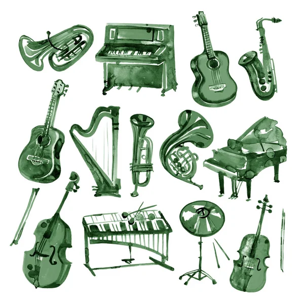 Set di mano disegnare verde acquerello strumenti musicali — Foto Stock