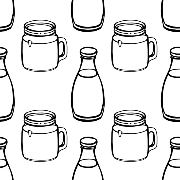 Milk hand draw seamless pattern. Vector bottle isolated on white background, Digital paper — Stock Vector