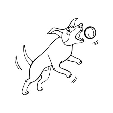 Topla oynayan komik şirin köpek. En iyi arkadaşım. Vektör el çizimi illüstrasyonu